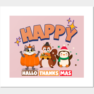 Happy Hallothanksmas Cute Characters- Funny Holiday Posters and Art